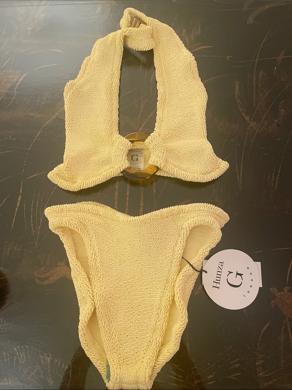 Hunza G Pale Yellow Crinkle Halter Bikini Set